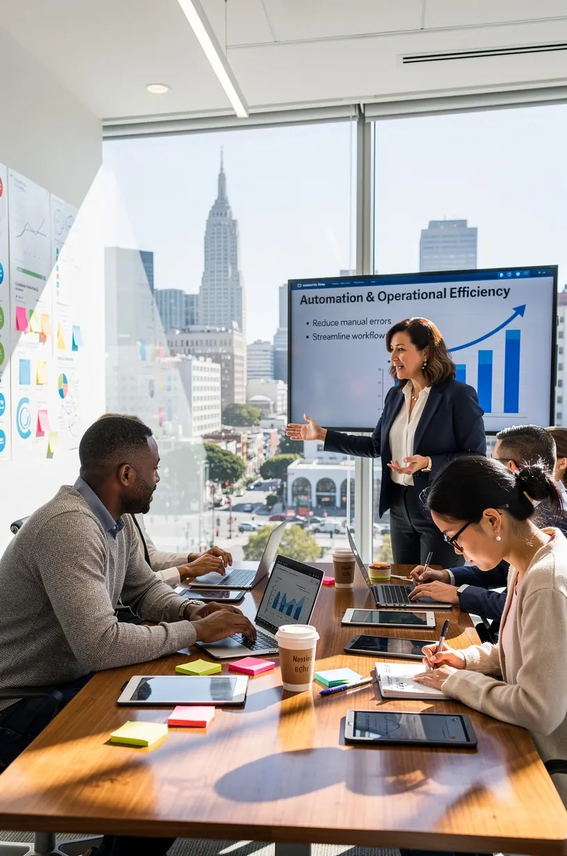 Image showing a team collaborating around a digital dashboard displaying key performance indicators for operational efficiency.
