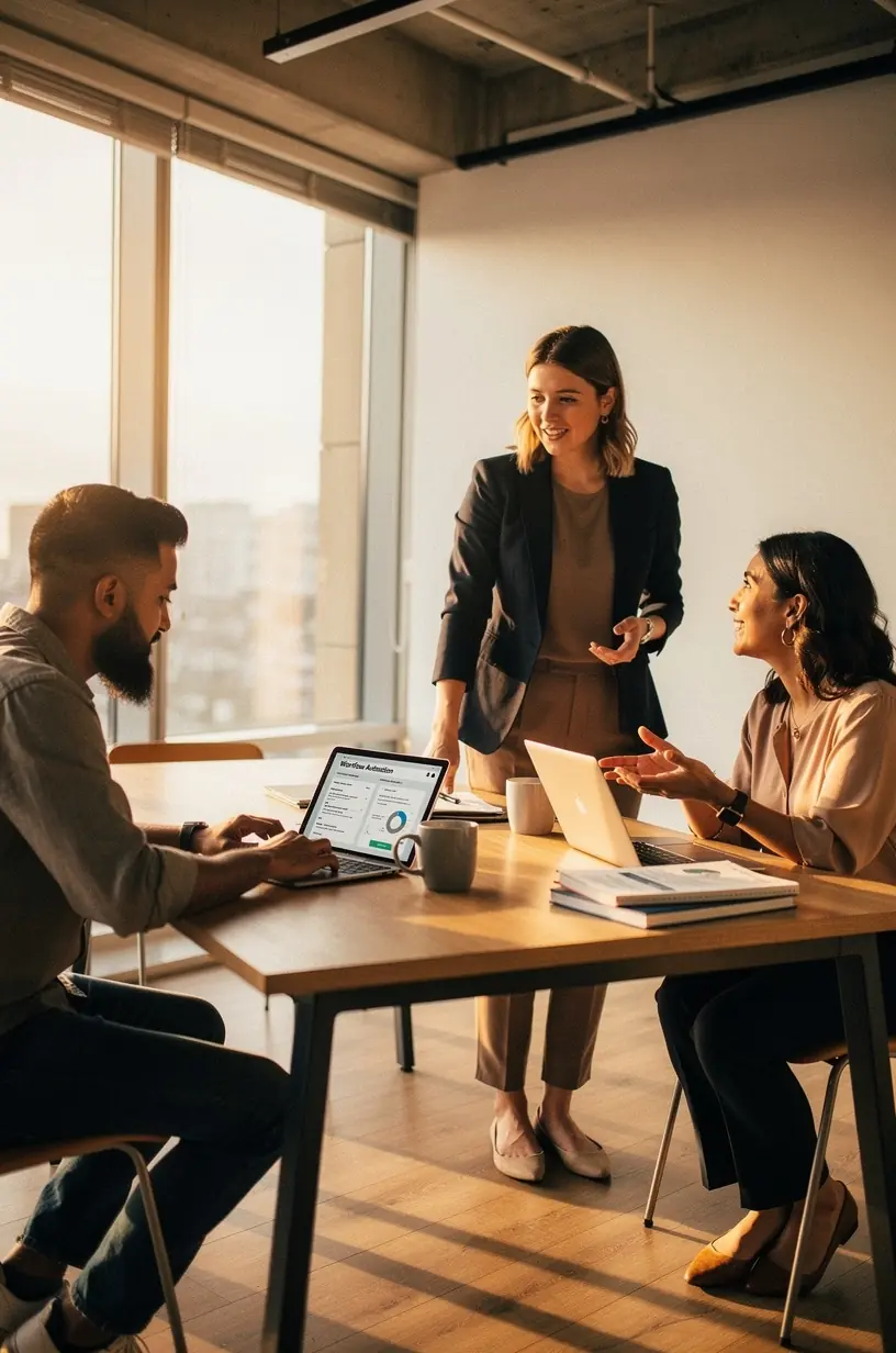 Graphic depicting robotic process automation icons connected to various business tasks to highlight streamlined operations.